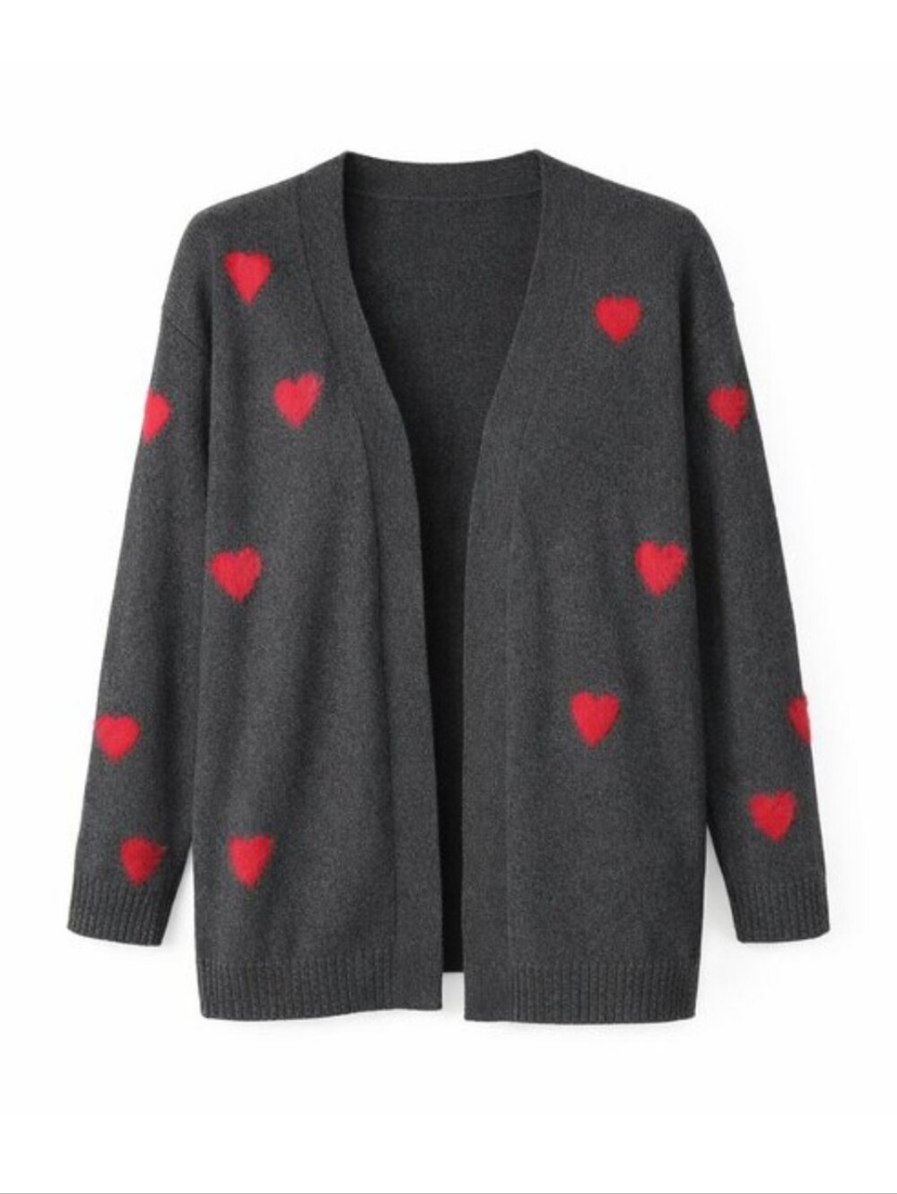 Celebrate Together Gray Cardigan with Red Fuzzy Hearts Large Open Front cozy